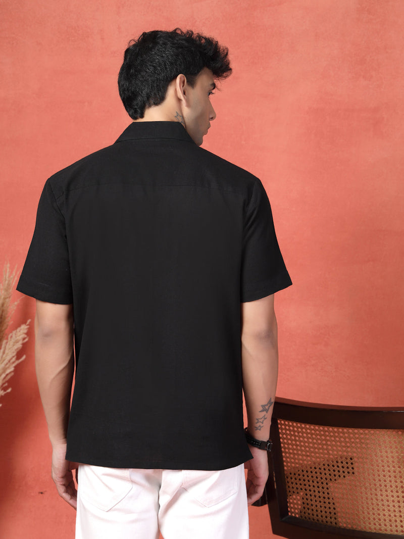 Men's Black Color Embroidered Cotton Cubans Collar Shirt