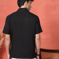 Men's Black Color Embroidered Cotton Cubans Collar Shirt