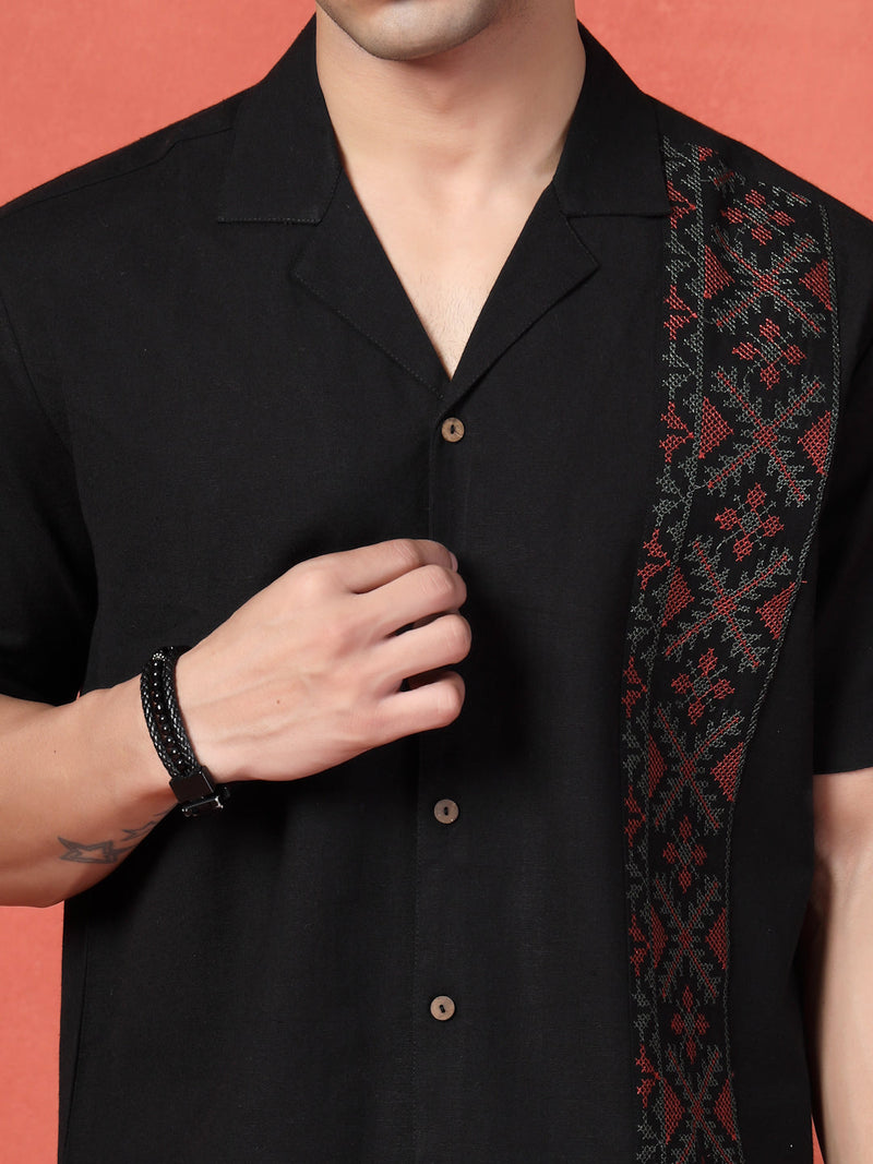Men's Black Color Embroidered Cotton Cubans Collar Shirt