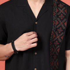 Men's Black Color Embroidered Cotton Cubans Collar Shirt