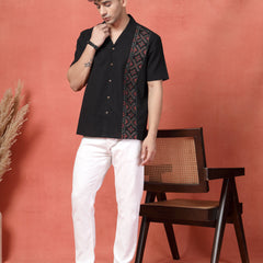 Men's Black Color Embroidered Cotton Cubans Collar Shirt