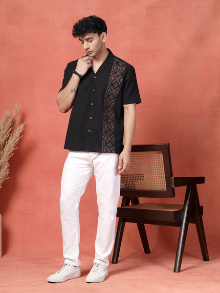 Men's Black Color Embroidered Cotton Cubans Collar Shirt