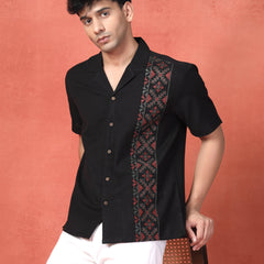 Men's Black Color Embroidered Cotton Cubans Collar Shirt