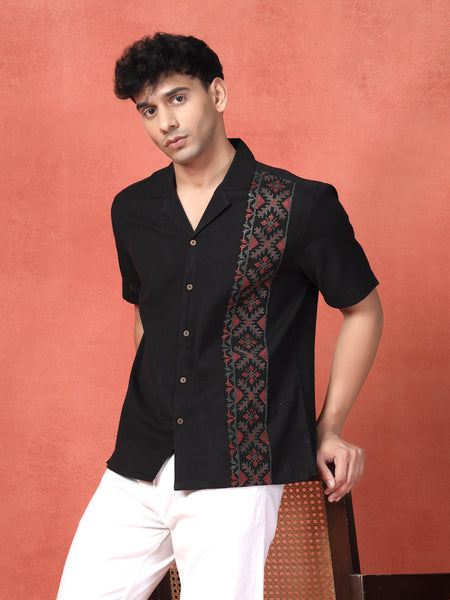 Men's Black Color Embroidered Cotton Cubans Collar Shirt