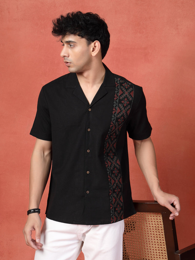 Men's Black Color Embroidered Cotton Cubans Collar Shirt