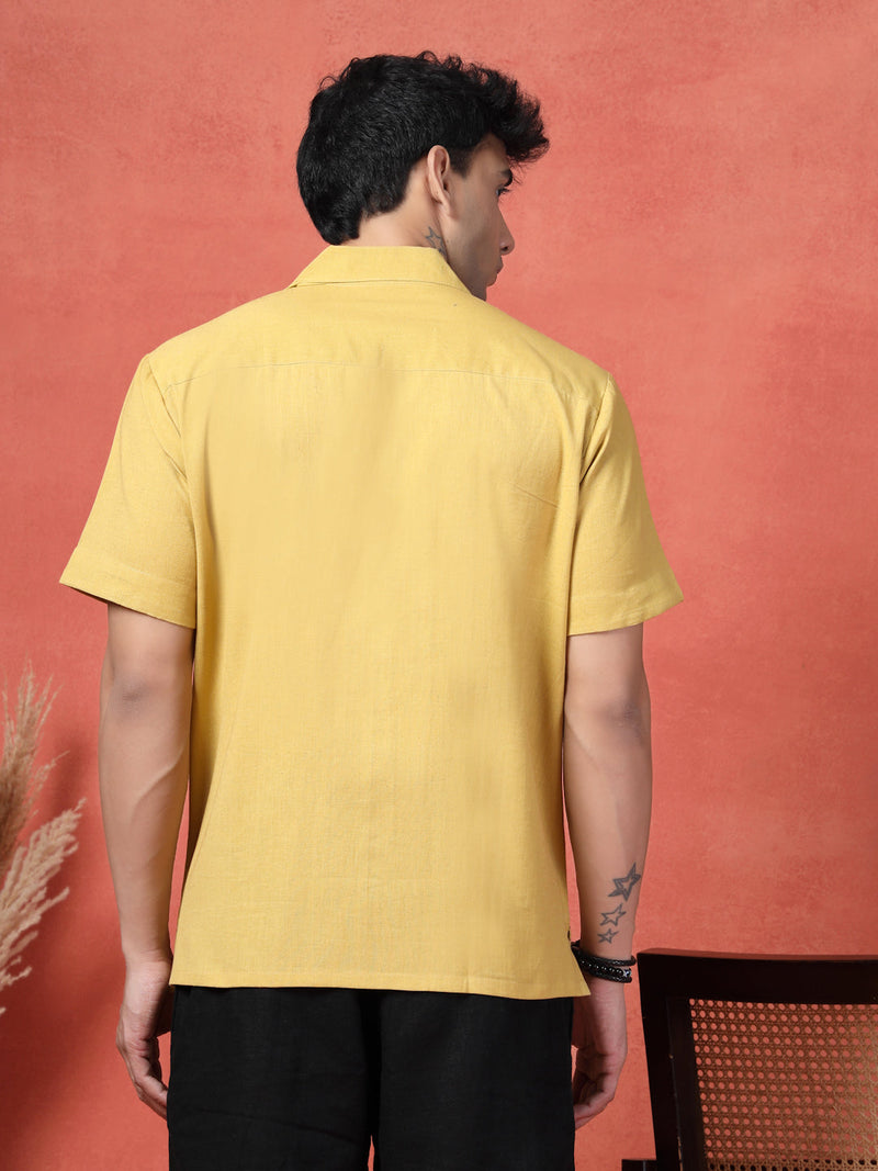 Men's Mustard Color Embroidered Cotton Cubans Collar Shirt