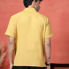 Men's Mustard Color Embroidered Cotton Cubans Collar Shirt