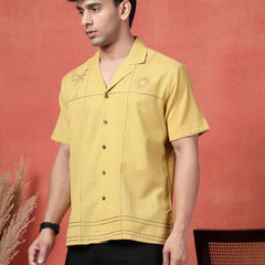 Men's Mustard Color Embroidered Cotton Cubans Collar Shirt
