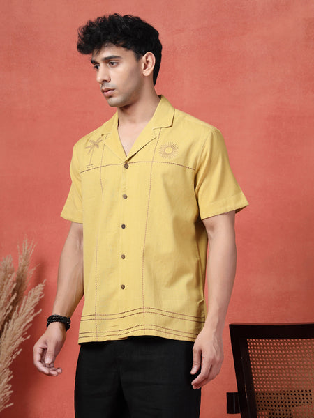 Men's Mustard Color Embroidered Cotton Cubans Collar Shirt
