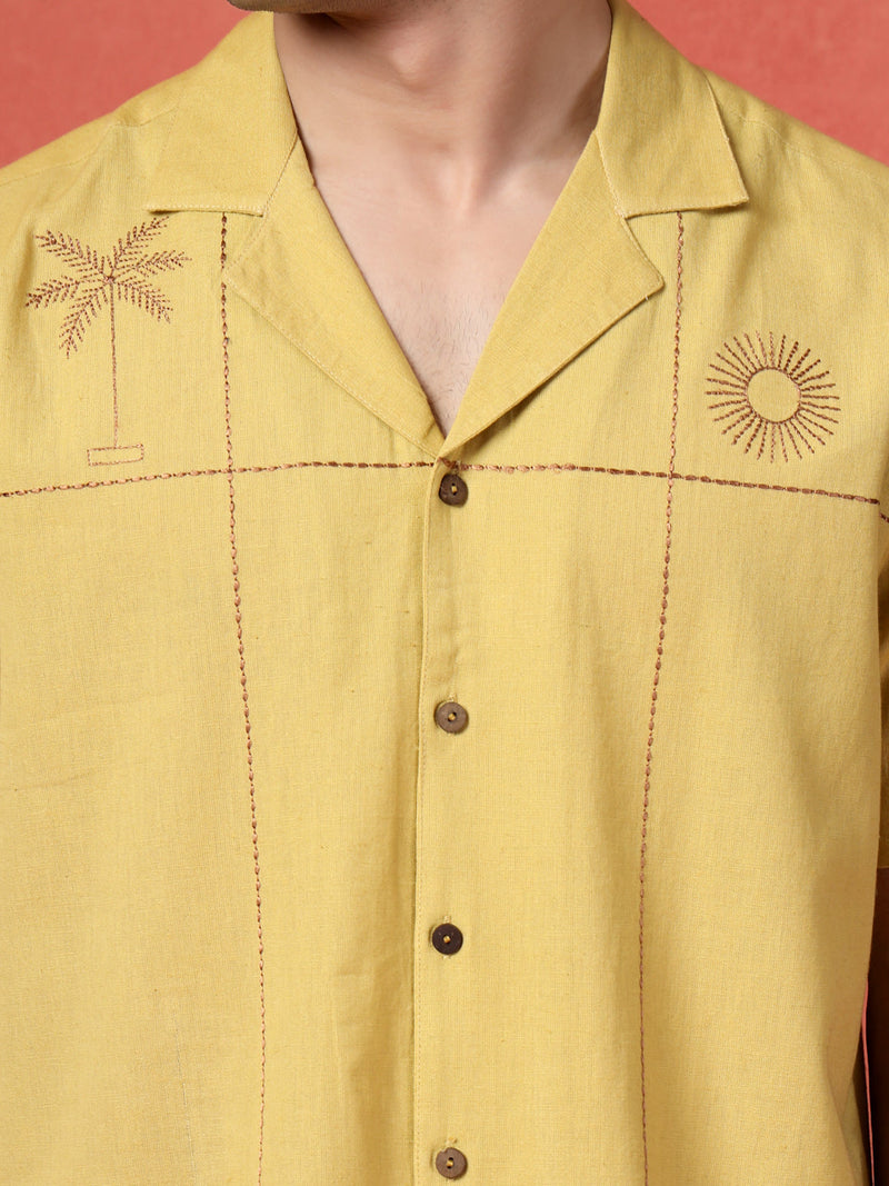 Men's Mustard Color Embroidered Cotton Cubans Collar Shirt