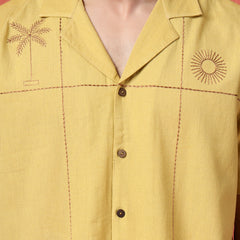 Men's Mustard Color Embroidered Cotton Cubans Collar Shirt