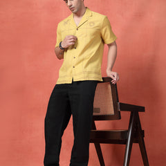 Men's Mustard Color Embroidered Cotton Cubans Collar Shirt