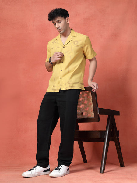 Men's Mustard Color Embroidered Cotton Cubans Collar Shirt