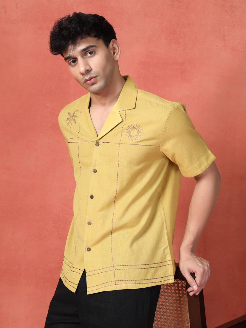 Men's Mustard Color Embroidered Cotton Cubans Collar Shirt