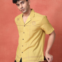 Men's Mustard Color Embroidered Cotton Cubans Collar Shirt