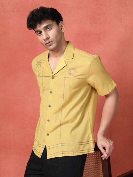 Men's Mustard Color Embroidered Cotton Cubans Collar Shirt