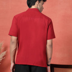 Men's Maroon Color Embroidered Cotton Cubans Collar Shirt