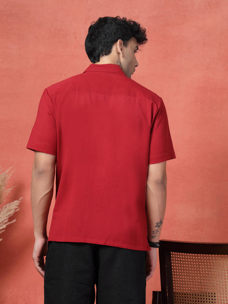 Men's Maroon Color Embroidered Cotton Cubans Collar Shirt