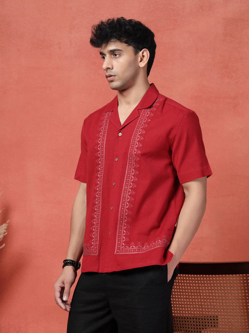 Men's Maroon Color Embroidered Cotton Cubans Collar Shirt