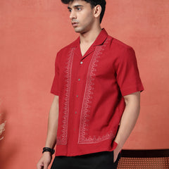 Men's Maroon Color Embroidered Cotton Cubans Collar Shirt