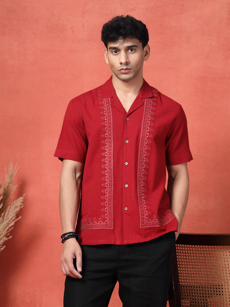 Men's Maroon Color Embroidered Cotton Cubans Collar Shirt