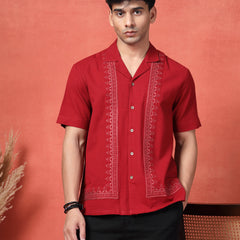 Men's Maroon Color Embroidered Cotton Cubans Collar Shirt