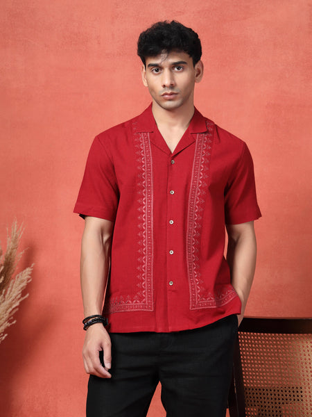 Men's Maroon Color Embroidered Cotton Cubans Collar Shirt
