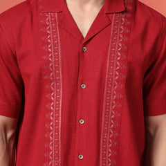 Men's Maroon Color Embroidered Cotton Cubans Collar Shirt