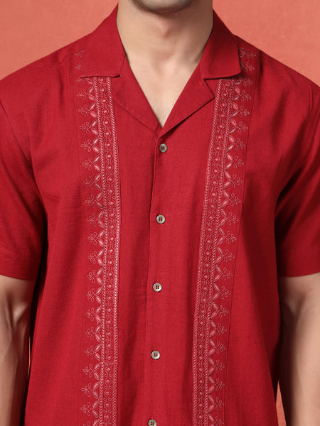 Men's Maroon Color Embroidered Cotton Cubans Collar Shirt