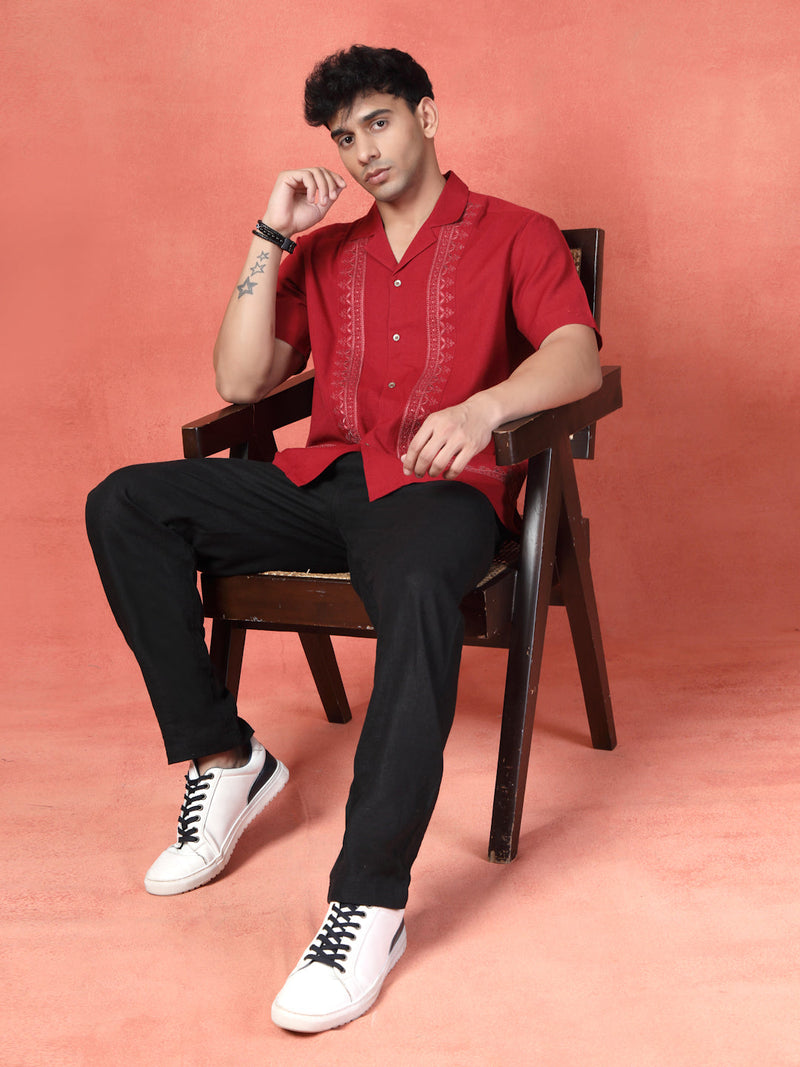 Men's Maroon Color Embroidered Cotton Cubans Collar Shirt