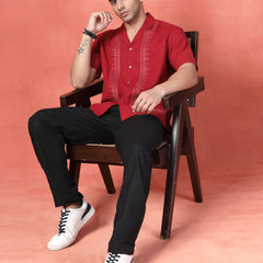 Men's Maroon Color Embroidered Cotton Cubans Collar Shirt