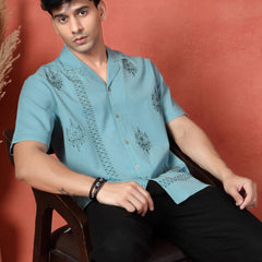 Men's Turquoise Blue Embroidered Cotton Cubans Collar Shirt