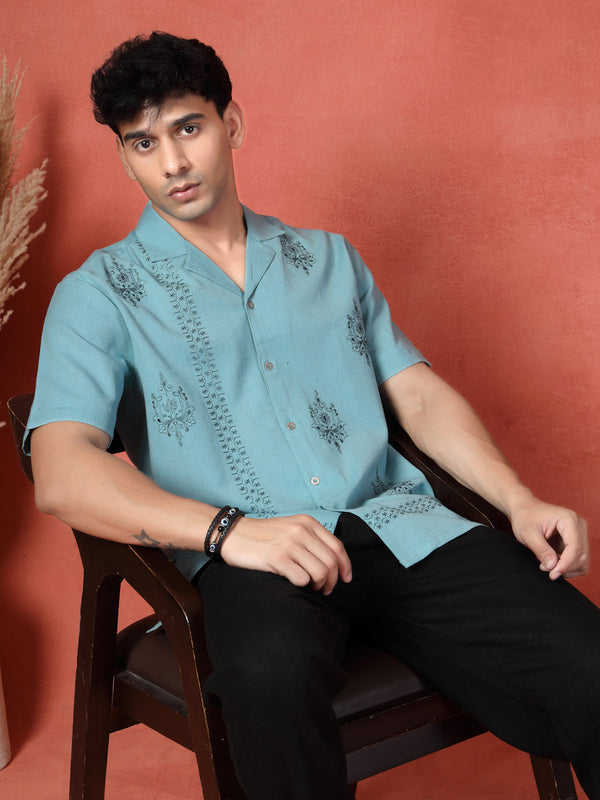 Men's Turquoise Blue Embroidered Cotton Cubans Collar Shirt