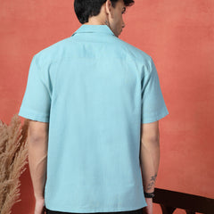 Men's Turquoise Blue Embroidered Cotton Cubans Collar Shirt