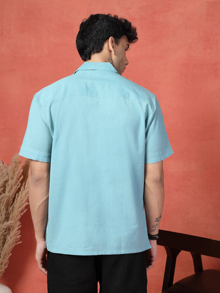 Men's Turquoise Blue Embroidered Cotton Cubans Collar Shirt