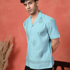 Men's Turquoise Blue Embroidered Cotton Cubans Collar Shirt