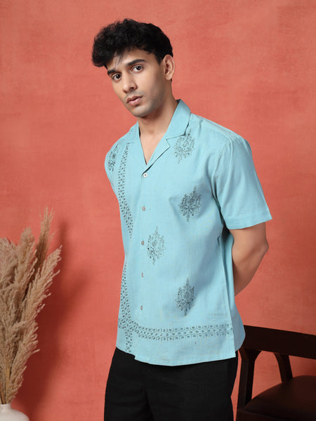 Men's Turquoise Blue Embroidered Cotton Cubans Collar Shirt