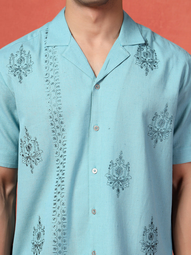 Men's Turquoise Blue Embroidered Cotton Cubans Collar Shirt