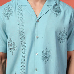 Men's Turquoise Blue Embroidered Cotton Cubans Collar Shirt