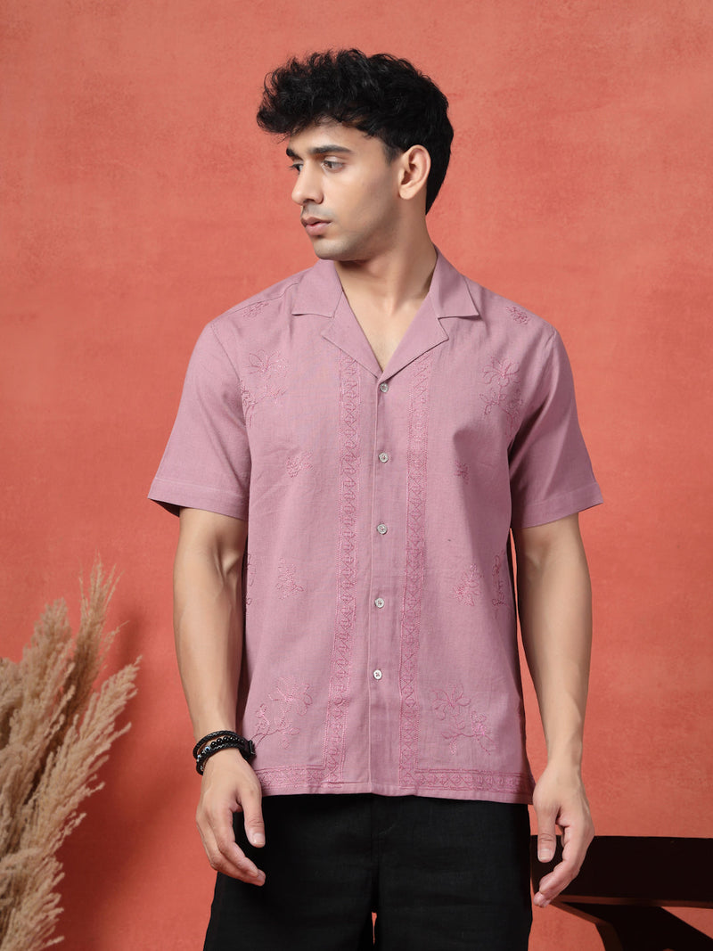 Men's Mauve Color Embroidered Cotton Cubans Collar Shirt
