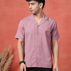 Men's Mauve Color Embroidered Cotton Cubans Collar Shirt