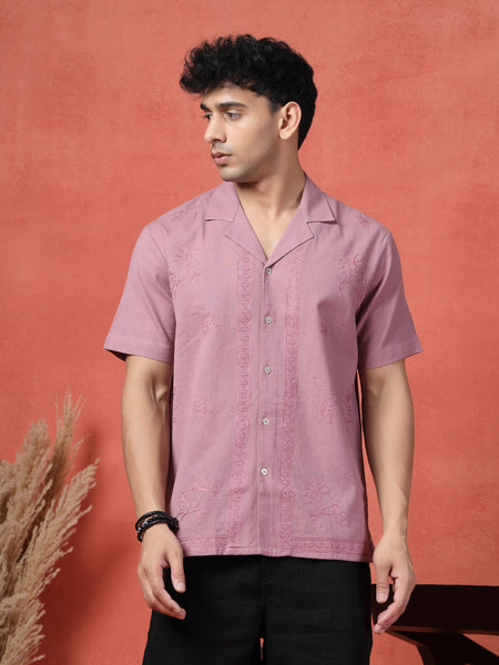 Men's Mauve Color Embroidered Cotton Cubans Collar Shirt