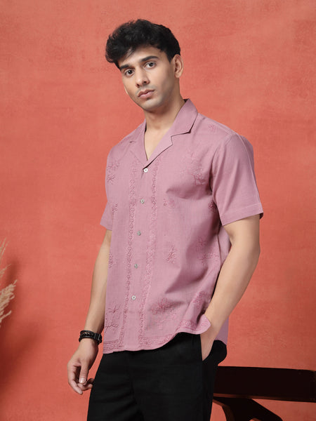 Men's Mauve Color Embroidered Cotton Cubans Collar Shirt