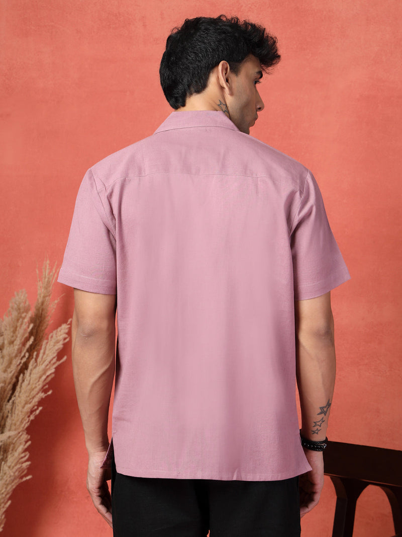 Men's Mauve Color Embroidered Cotton Cubans Collar Shirt