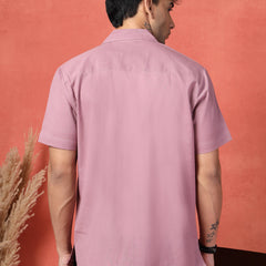 Men's Mauve Color Embroidered Cotton Cubans Collar Shirt