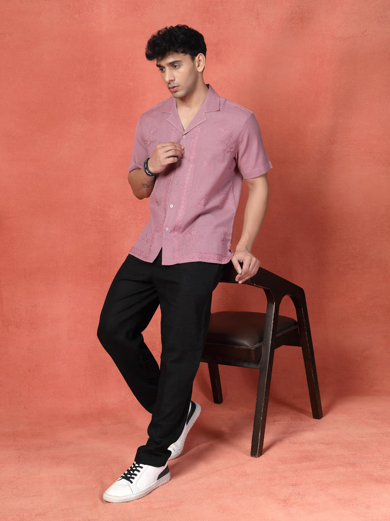Men's Mauve Color Embroidered Cotton Cubans Collar Shirt
