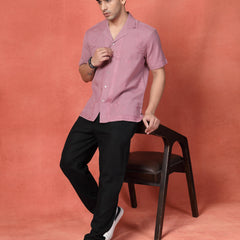 Men's Mauve Color Embroidered Cotton Cubans Collar Shirt
