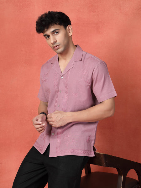 Men's Mauve Color Embroidered Cotton Cubans Collar Shirt