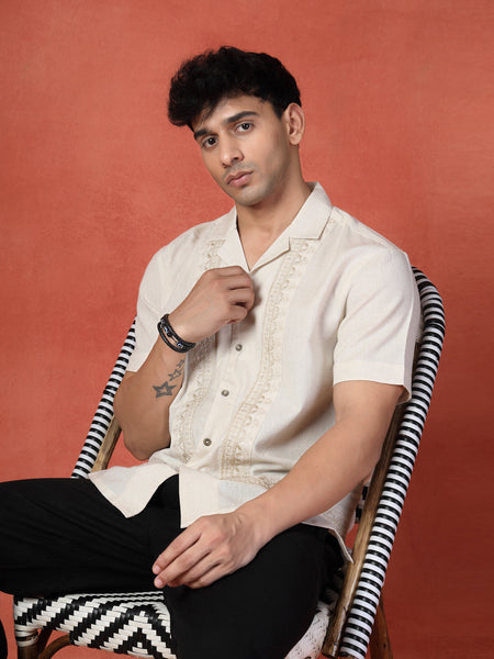 Men's White Color Embroidered Cotton Cubans Collar Shirt