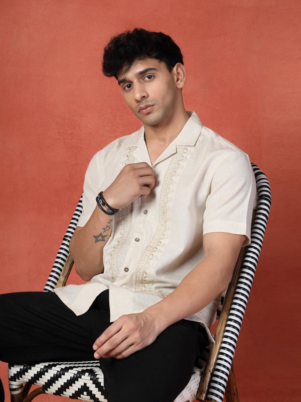 Men's White Color Embroidered Cotton Cubans Collar Shirt